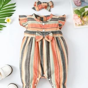 NWT Baby Ruffled Striped Romper with Matching Bow